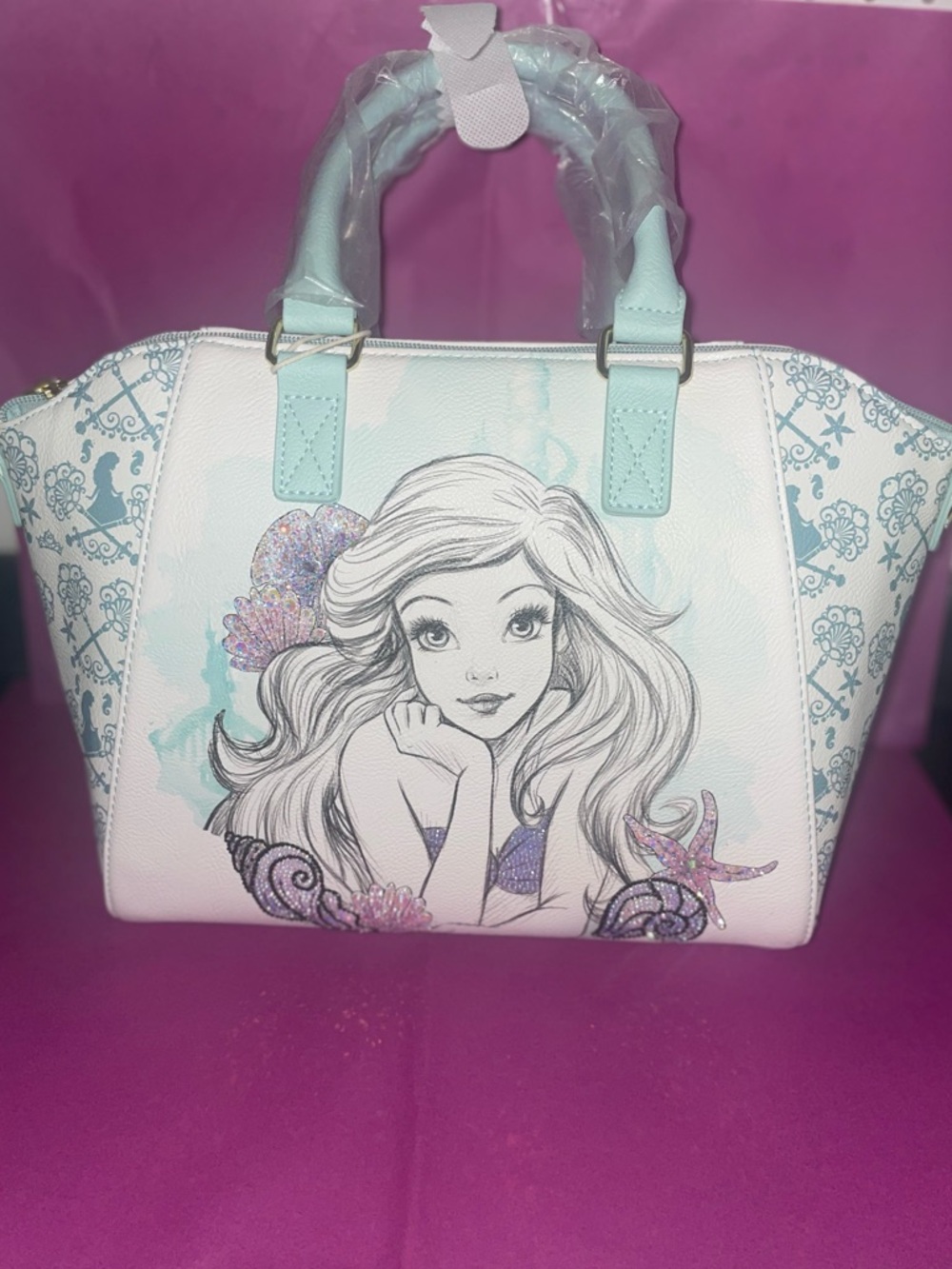 Bedazzled Loungefly Ariel Illustrated Satchel in Mint & White